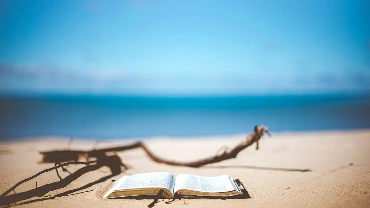 Ein offenes Buch liegt auf Sand, mit einem Ast im Hintergrund. Dahinter ist verschwommenes blaues Wasser und ein blauer Himmel.