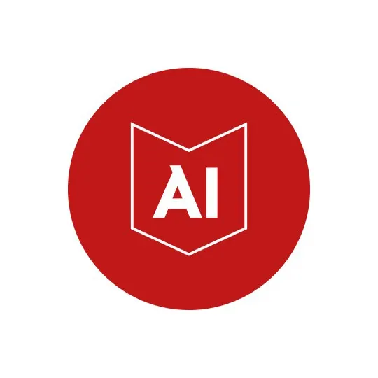 Logo rouge circulaire avec les lettres "AI" en blanc à l'intérieur d'une forme blanche de bouclier sans fond.