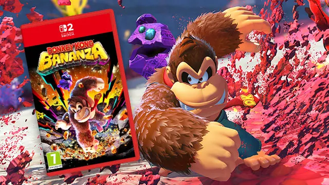Das Bild zeigt das Spiel Donkey Kong Bananza, einen Affen und eine lila Figur vor einem roten Hintergrund.