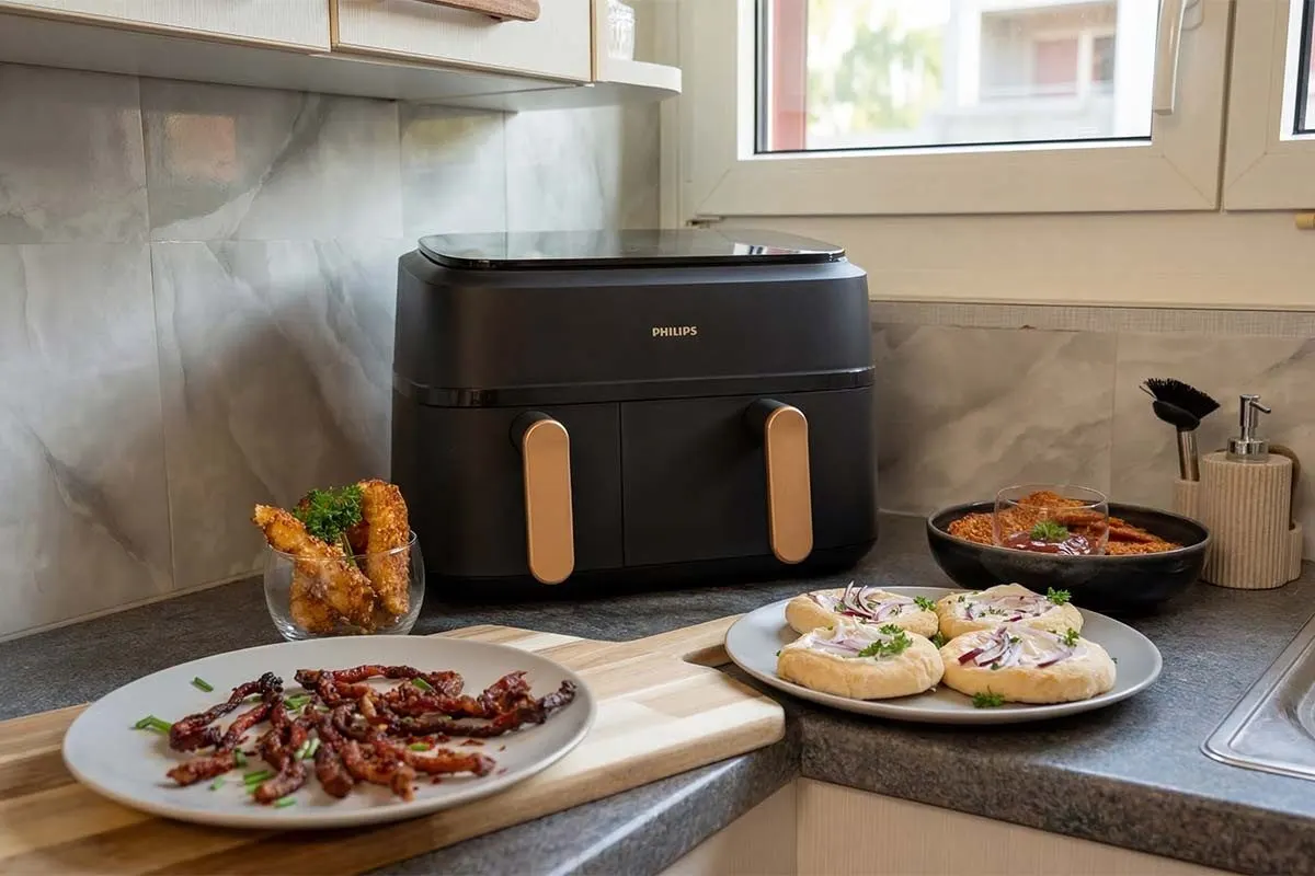 Airfryer Philips à deux tiroirs sur un plan de travail de cuisine, entouré de différents finger foods. 