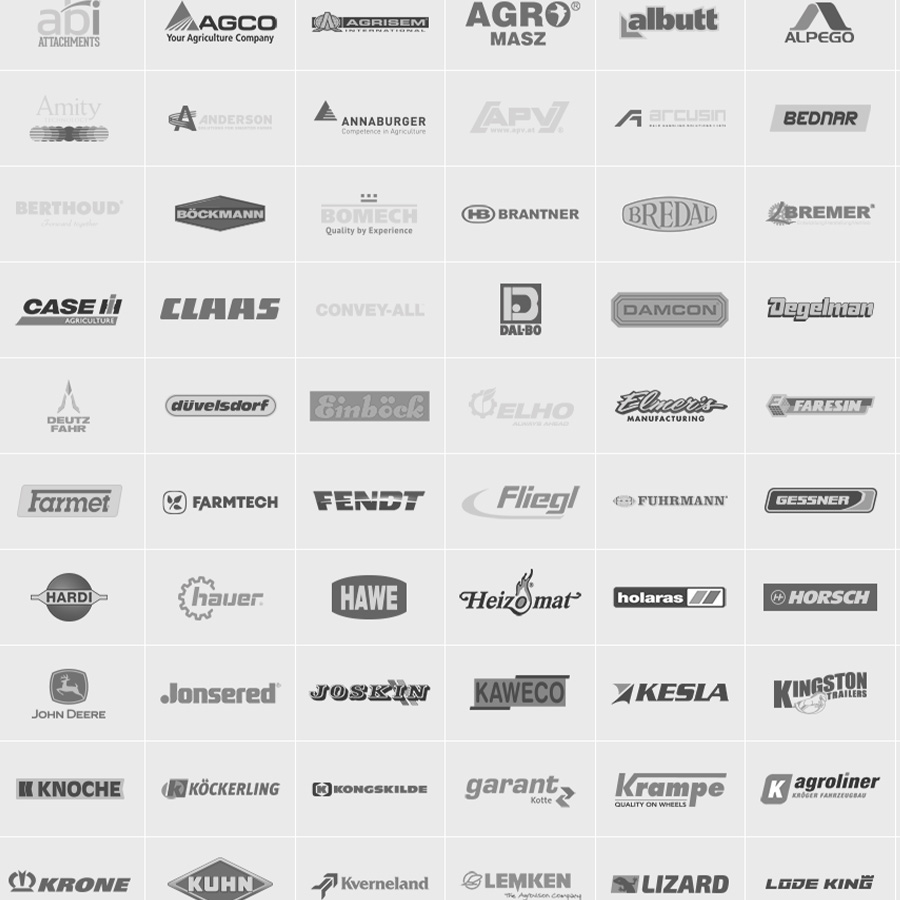 Die Bild zeigt eine Matrix aus Logos verschiedener Landmaschinenhersteller auf einem hellgrauen Hintergrund.
