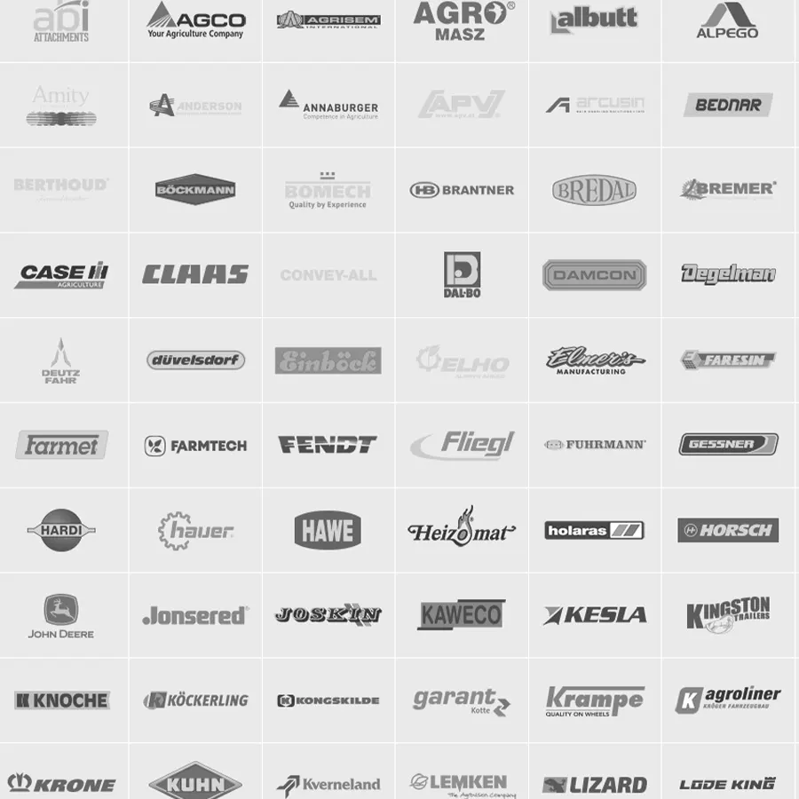 Die Bild zeigt eine Matrix aus Logos verschiedener Landmaschinenhersteller auf einem hellgrauen Hintergrund.
