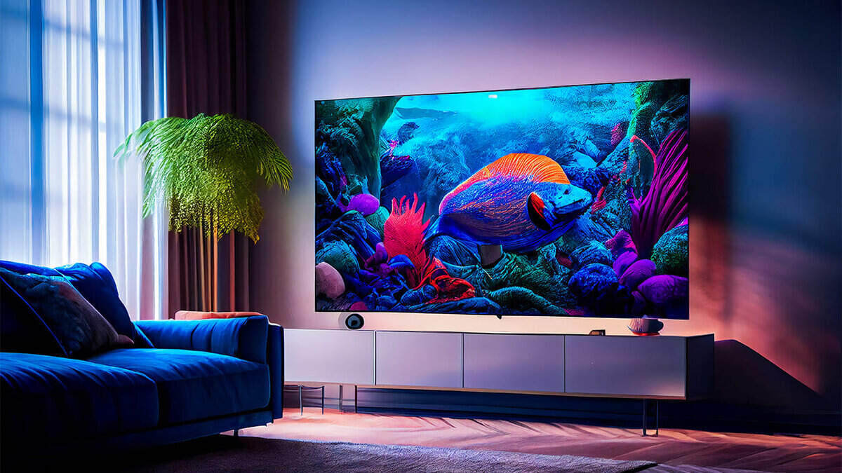 Soggiorno con divano blu, pianta, mobile TV bianco e grande schermo che mostra pesci e coralli colorati.