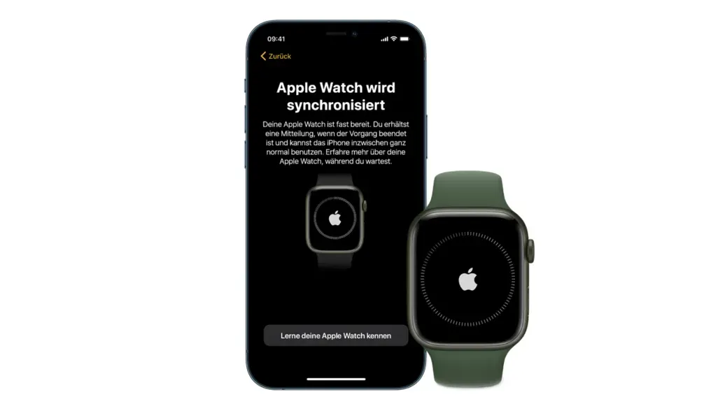 iPhone zeigt auf dem Bildschirm die dass die Apple Watch Synchronisiert wird, daneben ist eine Apple Watch mit Grünem Band