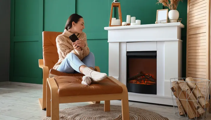 Une femme est assise sur une chaise marron devant une cheminée électrique.