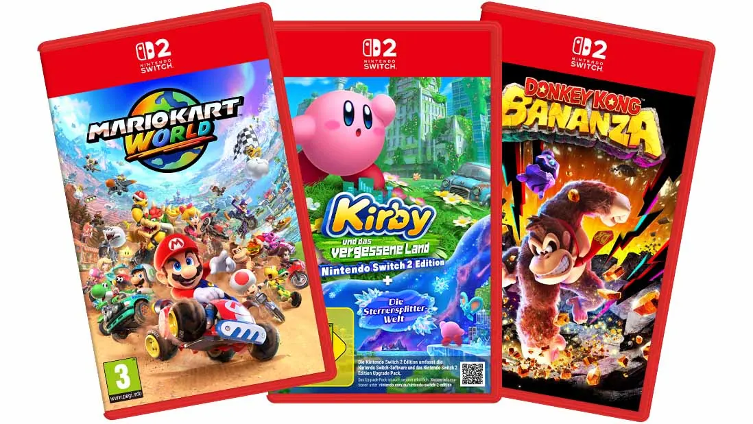 Drei Nintendo Switch-Spiele: Mario Kart World mit Mario im Kart, Kirby und das vergessene Land, und Donkey Kong Bananza.
