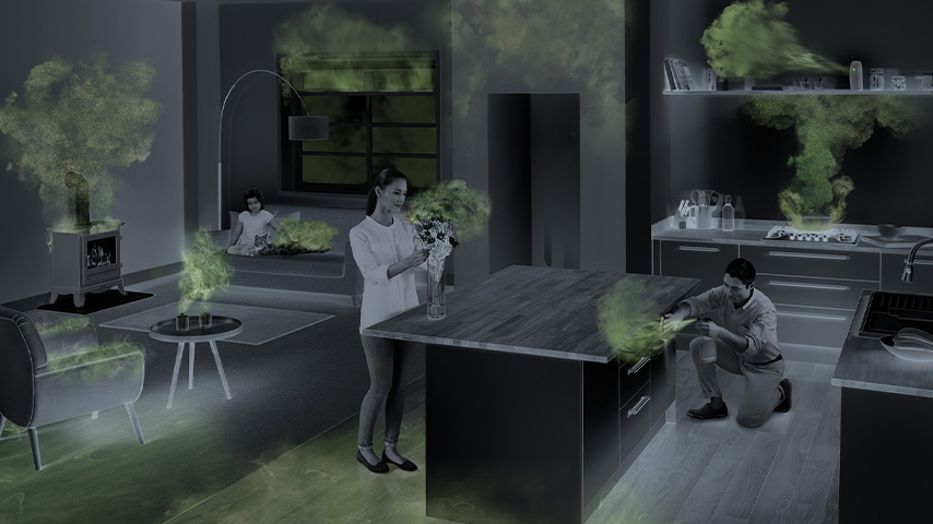 Une pièce sombre montre une femme avec des fleurs, un homme près d'un comptoir et une cheminée. De la fumée verte est visible.
