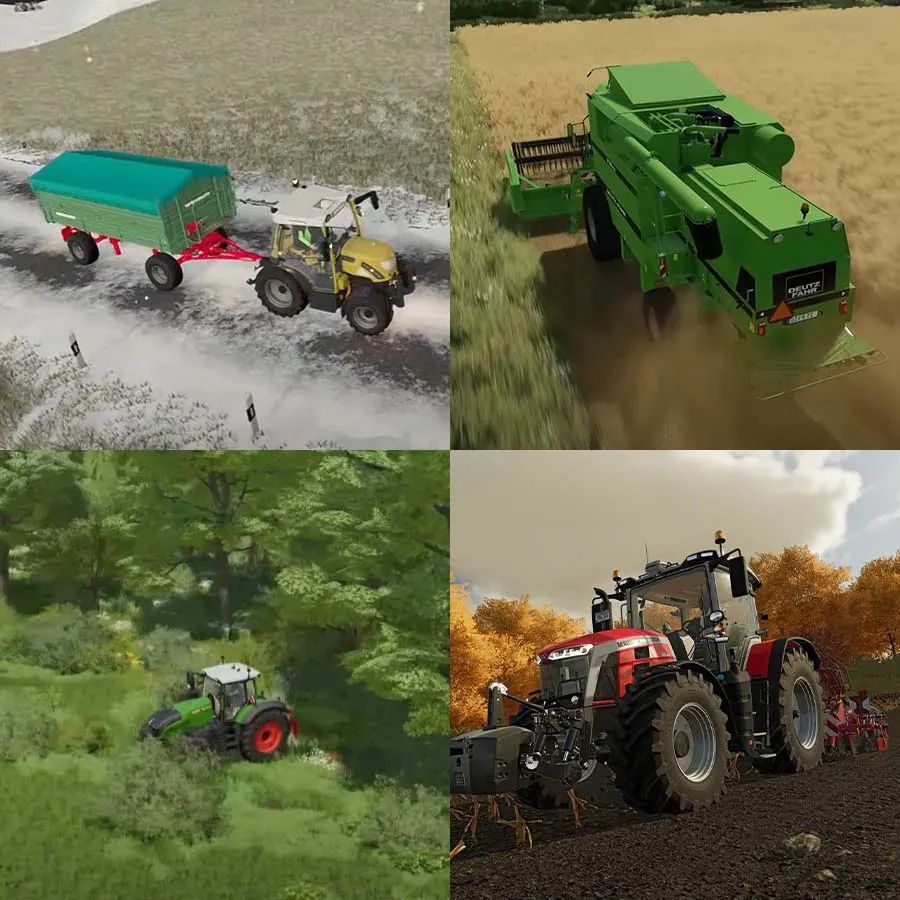 Quadro con trattori: uno giallo con rimorchio verde su neve, uno verde in campo dorato, uno verde in bosco e uno rosso in campo arato.
