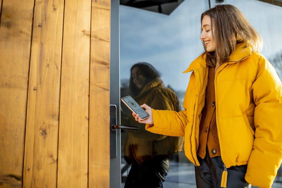 Frau steht vor Haustür und öffnet Smart Lock mit dem Handy. 