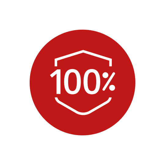 Cercle rouge avec le nombre 100% en blanc dans une forme à  six côtés.