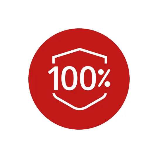 Cercle rouge avec le nombre 100% en blanc dans une forme à six côtés.