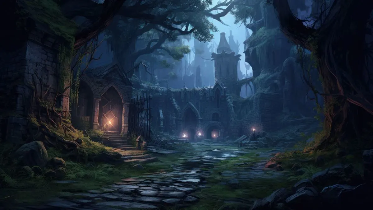 Eine düstere Fantasy-Gaming Umgebung mit einer verfallenen, efeubewachsenen Burgruine, alten, knorrigen Bäumen, beleuchtet durch einige Fackeln.
