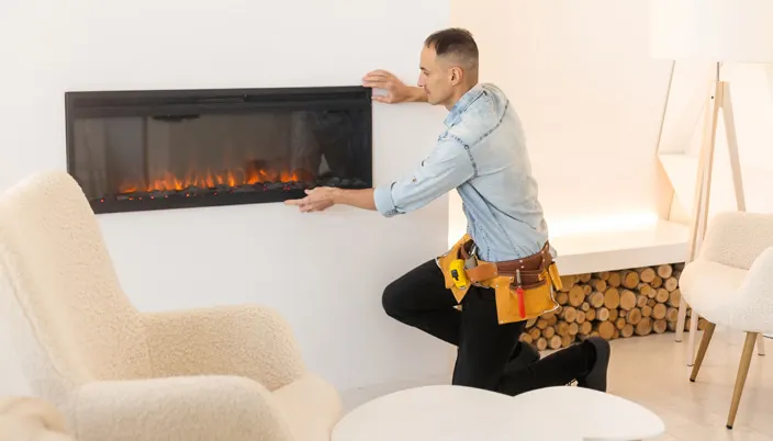 Ein Mann installiert in einem Wohnzimmer mit Hellen Möbeln einen Elektrokamin an der Wand