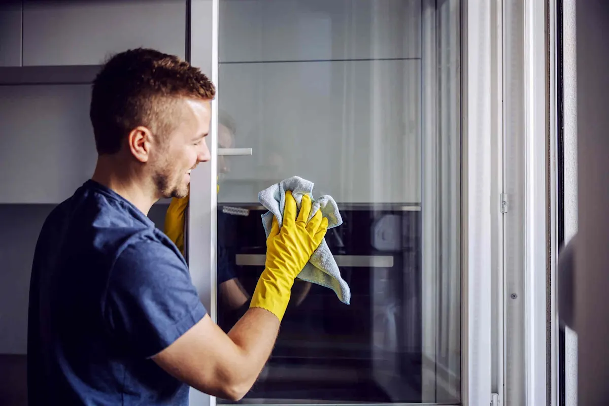 Homme portant des gants en caoutchouc jaunes nettoyant une vitre avec un chiffon dans une pièce d’habitation.