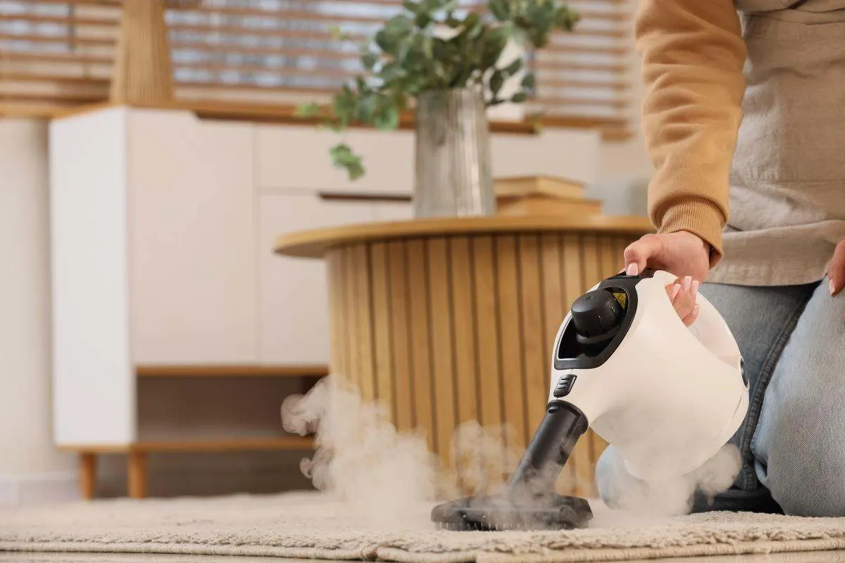 Frau reinigt einen Teppich mit einem Dampfreiniger.