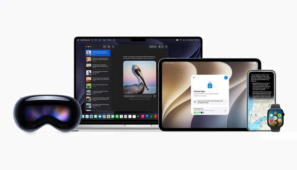 Die neue Apple-Generation auf einen Blick: Apple Vision Pro, MacBook mit Image Playground, iPad mit Kindersicherung, iPhone mit Siri AI und Apple Watch.