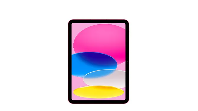Ein Tablet mit einem schwarzen Rahmen zeigt einen Bildschirm mit abstrakten, überlappenden Formen in Pink, Blau, Weiss und Gelb.