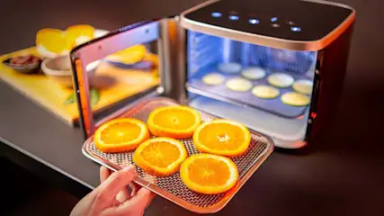 Hand schiebt ein Gitter mit Orangenscheiben in einen Dörrautomaten, im Hintergrund liegen weitere Zutaten bereit.