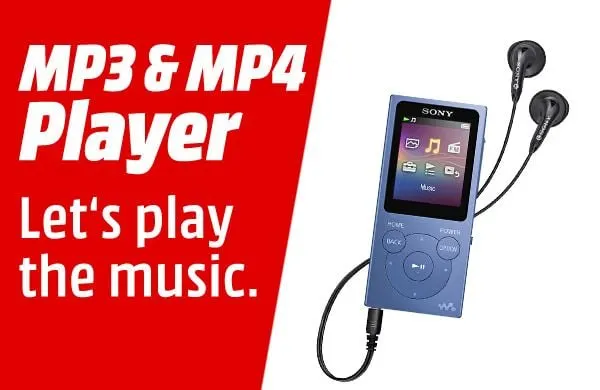 Lecteur MP3 Sony bleu clair avec écouteurs Sony noirs.