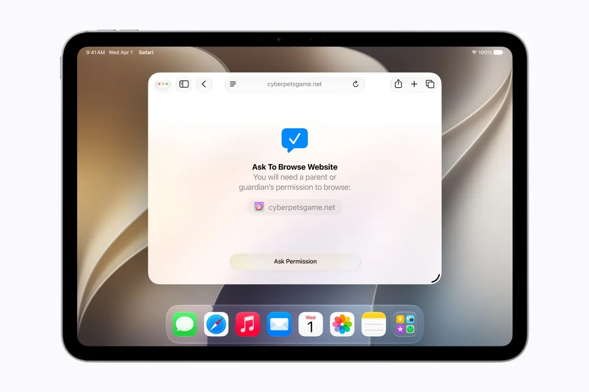 Su un iPad, la funzione «Ask to Browse» in Safari chiede il permesso dei genitori prima di aprire un sito web.