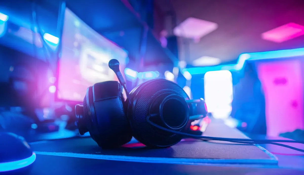 Gaming-Headset mit Mikrofon vor RGB-beleuchtetem Gaming-Setup. 