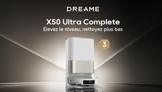 Robot aspirateur blanc et argenté devant un fond noir et doré avec le texte "DREAME X50 Ultra Complete".