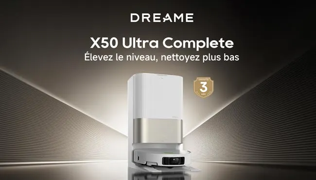 Robot aspirateur blanc et argenté devant un fond noir et doré avec le texte "DREAME X50 Ultra Complete".