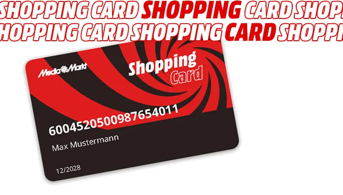 Eine MediaMarkt Shopping Card mit rotem Wirbelmuster auf schwarzem Grund und dem Namen Max Mustermann.