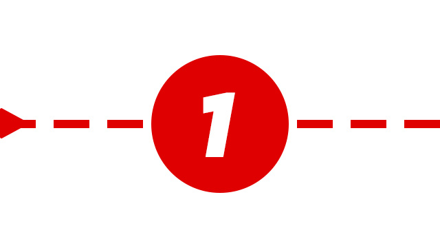 Su sfondo bianco, un cerchio rosso con il numero 1 bianco al centro, collegato da una linea tratteggiata rossa con una freccia rossa.