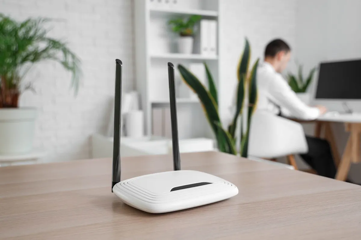 Router WiFi su un tavolo di legno mentre sullo sfondo un uomo lavora al computer. 