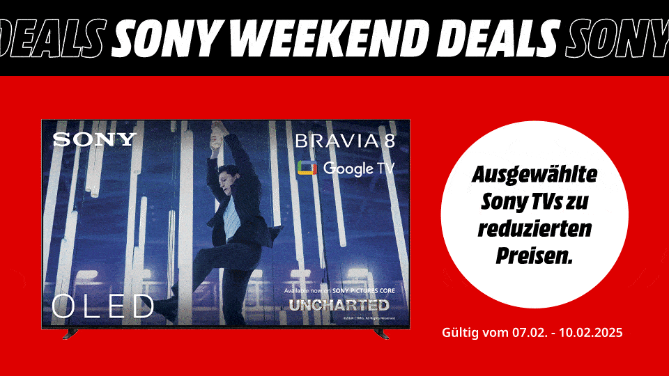 Sony TV-Werbung auf rotem Hintergrund, mit Text zu Angeboten und Gültigkeitsdaten. Der TV zeigt BRAVIA 8 mit Google TV.