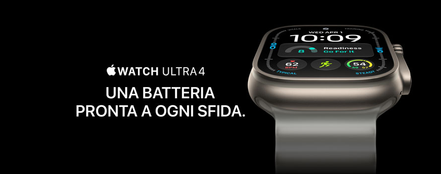 Primo piano di Apple Watch Ultra 4 in titanio naturale su sfondo nero con lo slogan « Watch Ultra 4 – autonomia da record ».