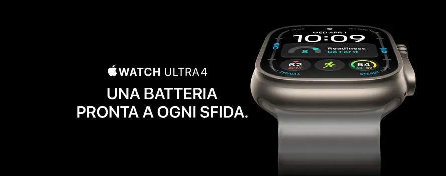 Primo piano di Apple Watch Ultra 4 in titanio naturale su sfondo nero con lo slogan « Watch Ultra 4 – autonomia da record ».