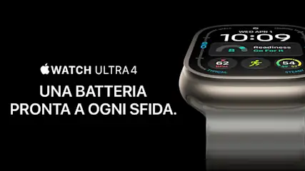 Primo piano di Apple Watch Ultra 4 in titanio naturale su sfondo nero con lo slogan « Watch Ultra 4 – autonomia da record ».