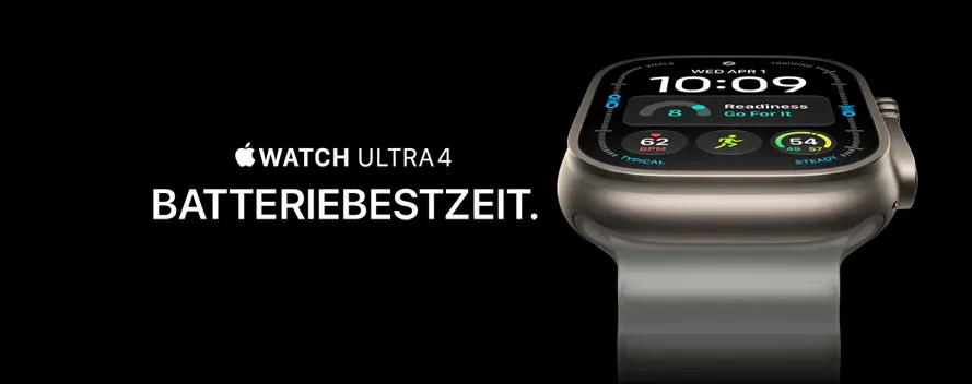 Nahaufnahme der Apple Watch Ultra 4 in Natural Titan auf schwarzem Grund mit dem Slogan Watch Ultra 4 - Batteriebestzeit.