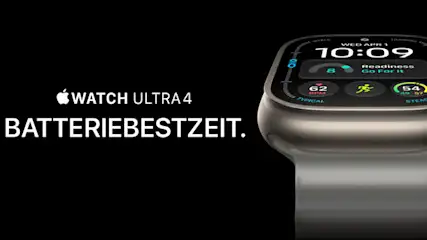 Nahaufnahme der Apple Watch Ultra 4 in Natural Titan auf schwarzem Grund mit dem Slogan Watch Ultra 4 - Batteriebestzeit.