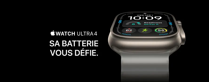 Gros plan de l’Apple Watch Ultra 4 en titane naturel sur fond noir avec le slogan « Watch Ultra 4 – autonomie record ».