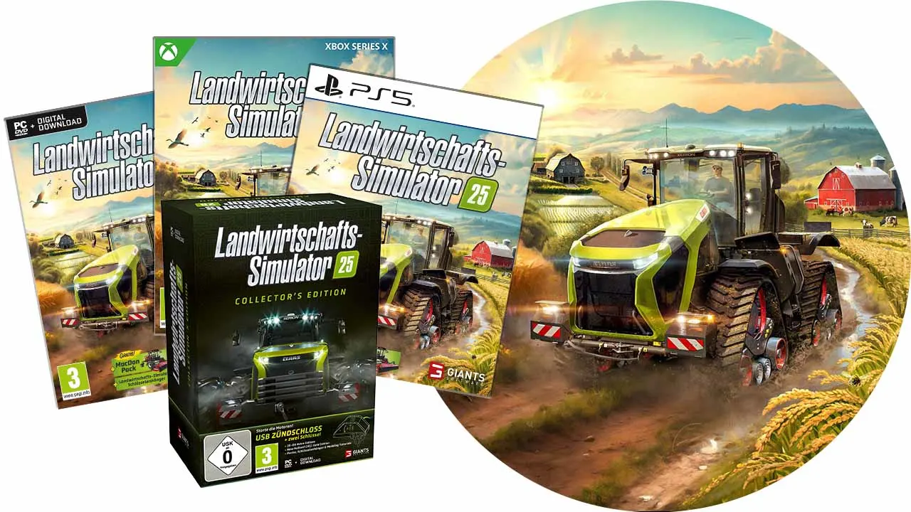 Boîtes du jeu Landwirtschafts-Simulator 25 avec un tracteur vert sur une ferme avec une grange rouge et des vaches.