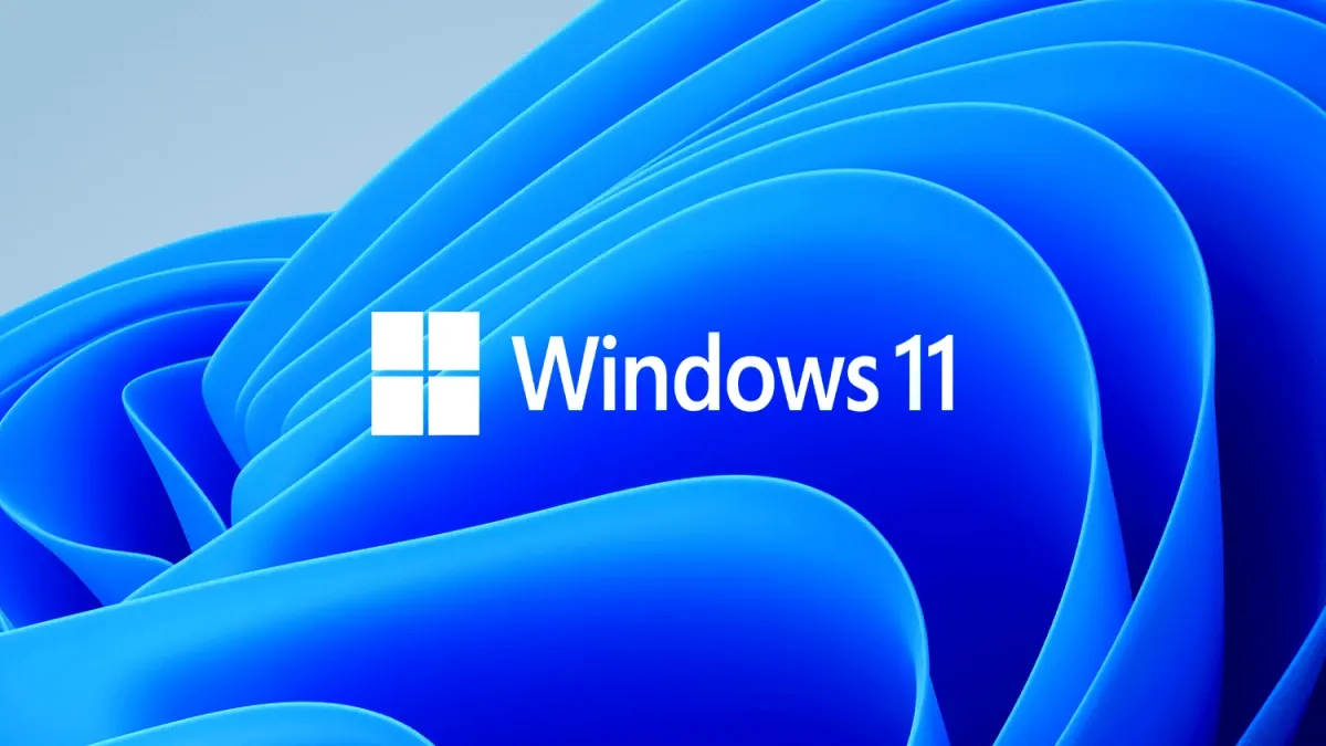 Logo bianco di Windows 11 con sfondo blu astratto. Il testo "Windows 11" è in bianco a destra del logo.