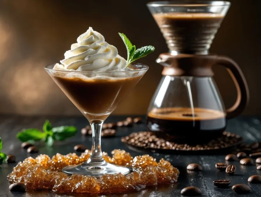 Bicchiere da martini con caffè e panna, menta, circondato da cristalli di zucchero e chicchi di caffè. Caffettiera pour-over con caffè sullo sfondo.