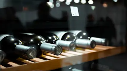 Détail d'une cave à vin avec des clayettes en bois sur lesquelles reposent 5 bouteilles.