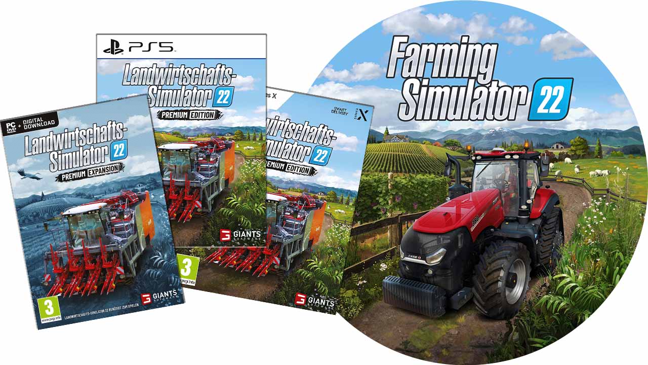 Das Bild zeigt Spielboxen von "Landwirtschafts-Simulator 22" für PC und Playstation, mit einem Traktor auf einer ländlichen Szene.