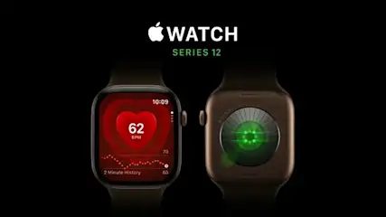 Due Apple Watch Series 12 marroni. Uno mostra schermo battito cardiaco rosso, l'altro il sensore posteriore verde. Sfondo nero con logo Apple WATCH e testo SERIES 12.