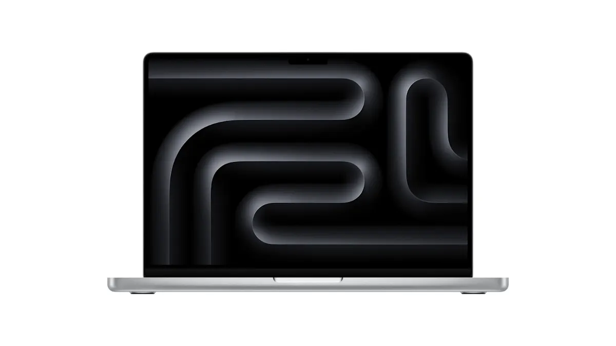Un MacBook Pro ouvert avec un écran noir affichant des lignes blanches. 