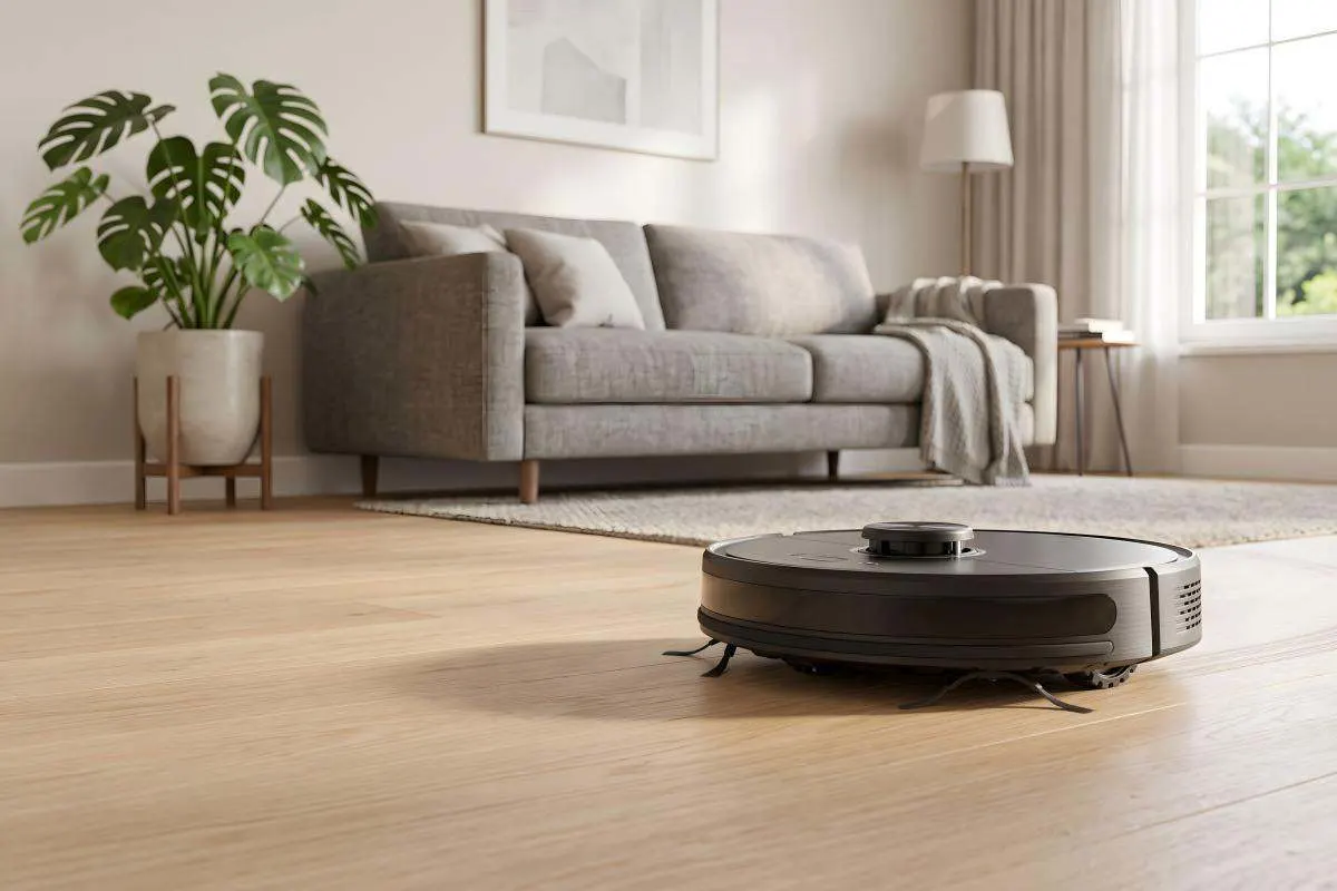 Robot aspirateur noir nettoyant un parquet clair dans un salon à l’aménagement moderne.