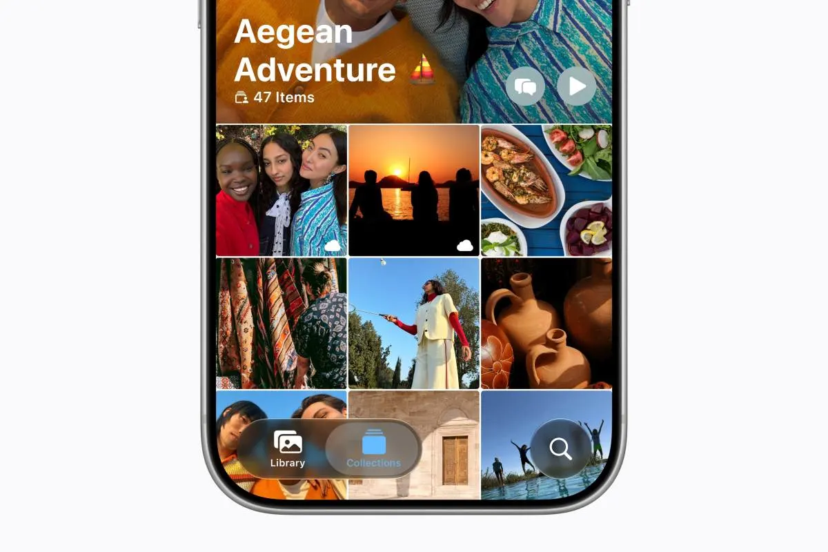 Un iPhone mostra nell'app Foto una raccolta condivisa di foto di viaggio e le viste «Libreria» e «Raccolte».