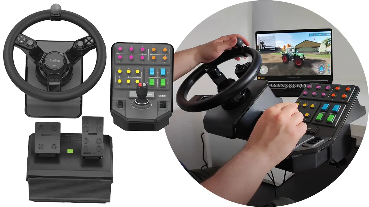C'è un simulatore di guida con volante, pedali, pulsantiera colorata e un monitor che mostra un trattore in un campo.