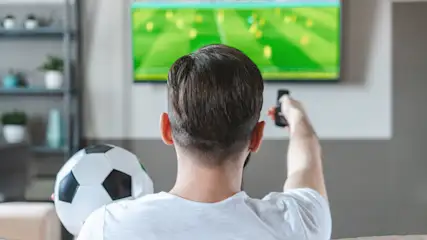 Person auf beiger Couch, hält Fußball und Fernbedienung, schaut Fußballspiel auf TV. Links ein Regal mit Pflanzen und Deko.