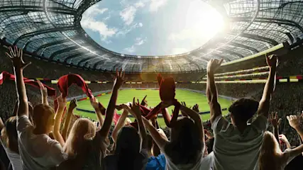 Stade de football avec des supporters jubilants sous un ciel bleu et ensoleillé.