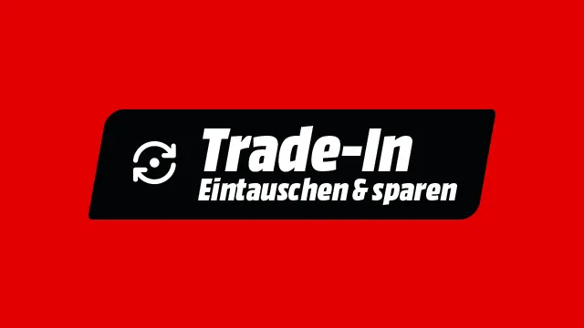 Schwarzes Schild auf rotem Grund zeigt in Weiss "Trade-In Eintauschen & sparen" mit einem Recycling-Symbol.
